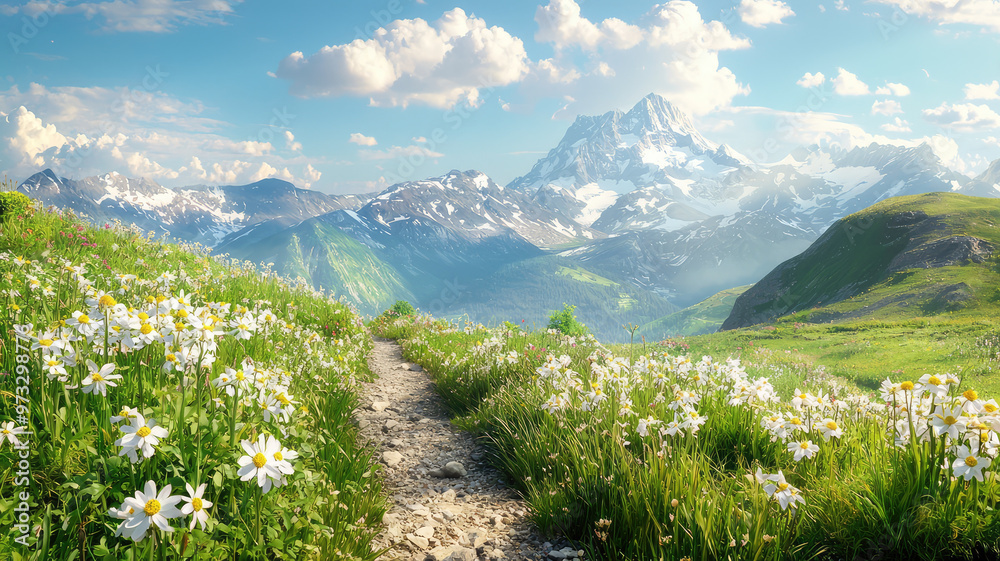 A peaceful mountain trail lined with wildflowers leads to stunning peaks A peaceful mountain trail lined with wildflowers leads to stunning peaks