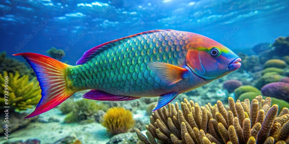 Naklejka premium Colorful parrotfish swimming in Caribbean Sea, Guadeloupe