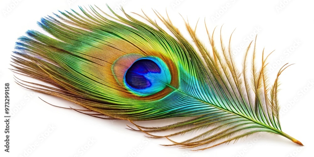 Obraz premium Colorful peacock feather isolated on white background with shallow depth of field