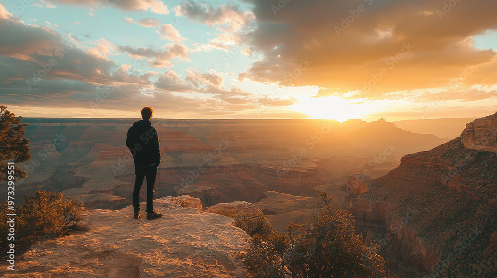 A person in wonder standing at edge of Grand Canyon, admiring sunset A person in wonder standing at edge of Grand Canyon, admiring sunset