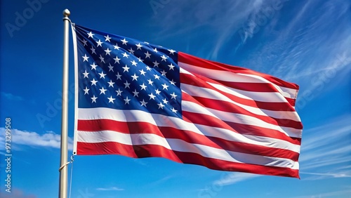 A vibrant American flag with fifty white stars arranged in a circular pattern on a blue canton, waving proudly against a clear blue sky. photo