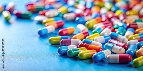 Colorful pills and capsules scattered on blue surface Close-Up