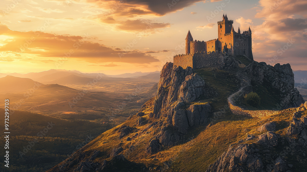 Majestic castle perched on rocky hill during sunset, showcasing stunning views Majestic castle perched on rocky hill during sunset, showcasing stunning views