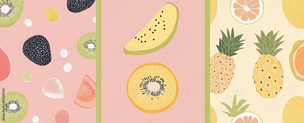 4 retro vector-style cards with fruit patterns, featuring pineapples, lemons, oranges, and kiwi on a pastel green background. 4 retro vector-style cards with fruit patterns, featuring pineapples, lemons, oranges, and kiwi on a pastel green background.