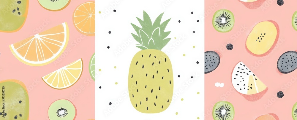 4 retro vector-style cards with fruit patterns, featuring pineapples, lemons, oranges, and kiwi on a pastel green background. 4 retro vector-style cards with fruit patterns, featuring pineapples, lemons, oranges, and kiwi on a pastel green background.