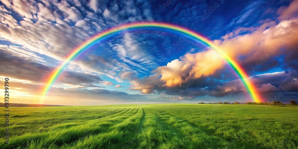 Obraz premium Colorful rainbow in sky above grassy field with forced perspective