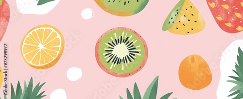 4 retro vector-style cards with fruit patterns, featuring pineapples, lemons, oranges, and kiwi on a pastel green background.