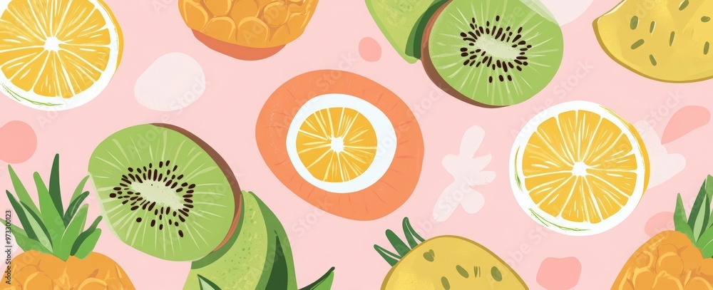 4 retro vector-style cards with fruit patterns, featuring pineapples, lemons, oranges, and kiwi on a pastel green background. 4 retro vector-style cards with fruit patterns, featuring pineapples, lemons, oranges, and kiwi on a pastel green background.