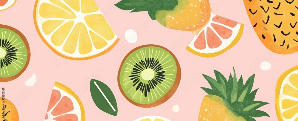 4 retro vector-style cards with fruit patterns, featuring pineapples, lemons, oranges, and kiwi on a pastel green background. 4 retro vector-style cards with fruit patterns, featuring pineapples, lemons, oranges, and kiwi on a pastel green background.