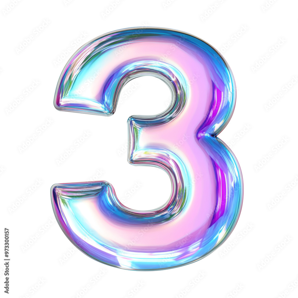Hologram metallic 3 number alphabet balloon Realistic 3D on white background. Generative AI