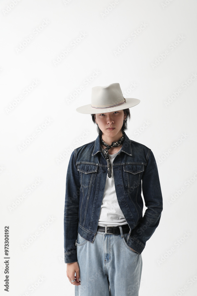 Confident young Asian man wearing hat posing indoor over white background. 