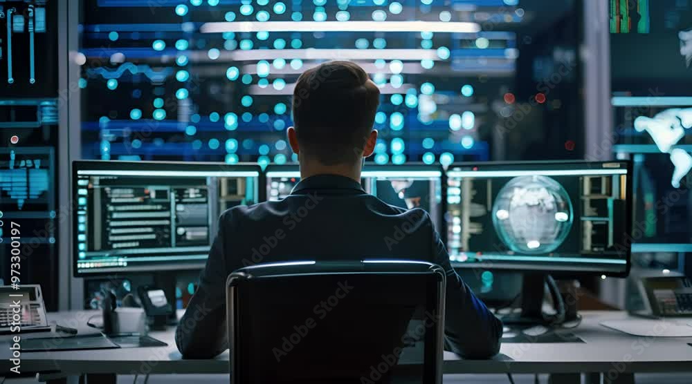 A Man Sits At A Desk With Multiple Monitors, Analyzing Data And Technology A Man Sits At A Desk With Multiple Monitors, Analyzing Data And Technology