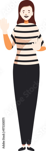 This friendly and approachable young woman is waving hello, making her a perfect representation of welcoming, greeting, or simply spreading positivity