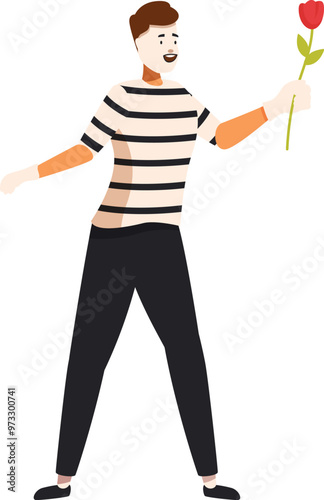 Mime artist is offering a single red flower while performing his pantomime show