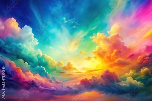 Colorful sunset sky with abstract puffy clouds in rainbow colors