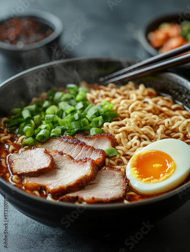 Steaming bowl of ramen with pork, egg, and green onions