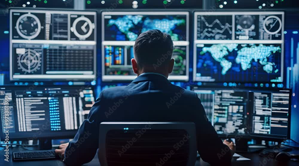 A Person In A Brown Suit Sits At A Desk Looking At Many Monitors A Person In A Brown Suit Sits At A Desk Looking At Many Monitors