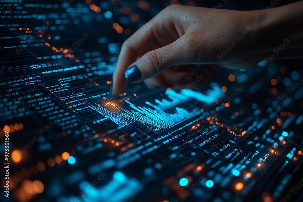 Hand Touching Futuristic Digital Interface with Real-Time Data Visualization and Analytics in a High-Tech Environment Hand Touching Futuristic Digital Interface with Real-Time Data Visualization and Analytics in a High-Tech Environment