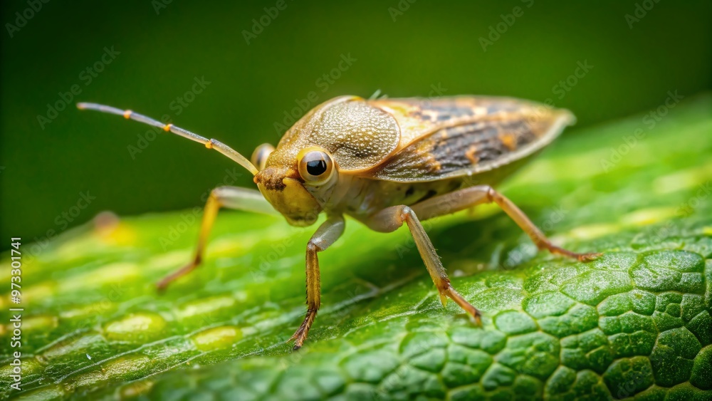 Adorable baby waterbug, also known as a Corixidae nymph, perches on a green leaf, its tiny legs and antennae visible in sharp focus. Adorable baby waterbug, also known as a Corixidae nymph, perches on a green leaf, its tiny legs and antennae visible in sharp focus.