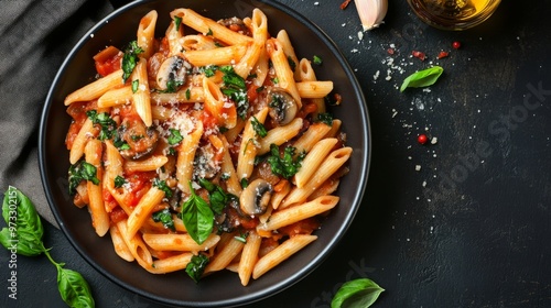 Penne Arrabbiata with mushroom chilli, garlic, tomato sauce, top view 