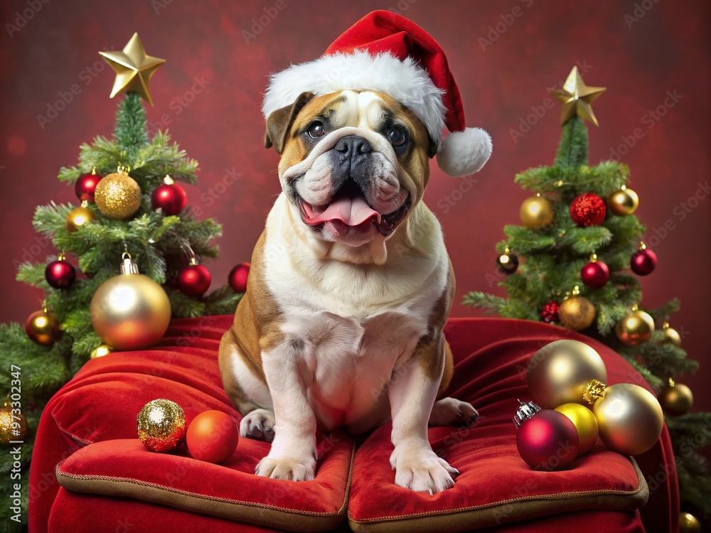 Adorable English Bulldog donning Santa hat and festive collar, sitting on a red velvet cushion, surrounded by Christmas Adorable English Bulldog donning Santa hat and festive collar, sitting on a red velvet cushion, surrounded by Christmas