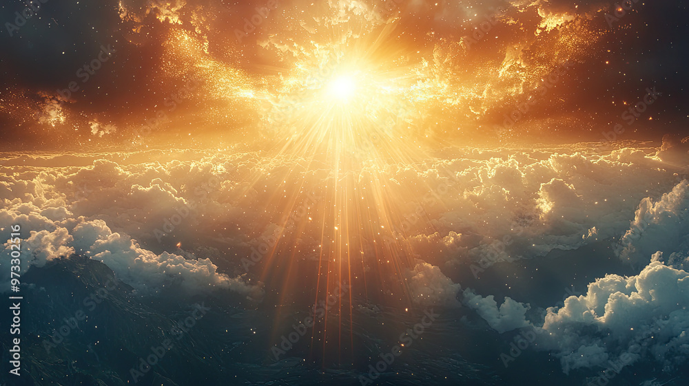 A radiant image of God descending from heavens, illuminating clouds A radiant image of God descending from heavens, illuminating clouds