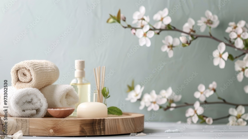 Spa treatment products with a serene aesthetic Close-up photo with clean background Spa treatment products with a serene aesthetic Close-up photo with clean background
