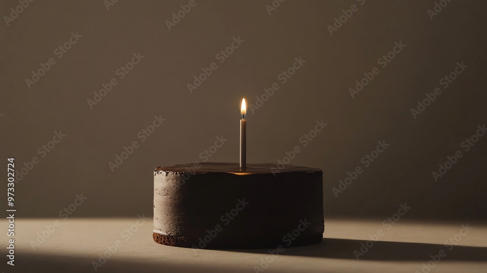 Minimalist chocolate cake with a thin candle in the center, placed against a monochrome backdrop Minimalist chocolate cake with a thin candle in the center, placed against a monochrome backdrop