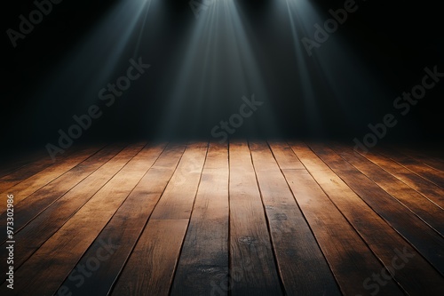 Rustic wooden floor illuminated by three spotlights in a dark room. photo