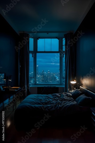A dark and gloomy penthouse bedroom at night. The room has a view of the city from the bed. The bed is positioned near the window.