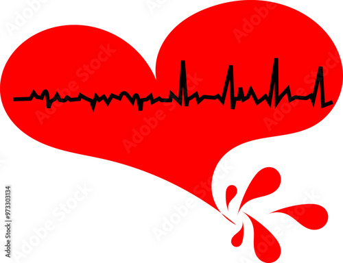 Donate blood illustration with a heart beat rhythm in a red heart and blood droplets dripping from the bottom. 
