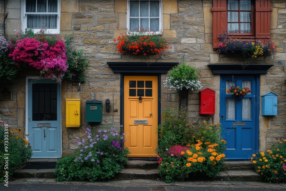 english village charm, capturing rural englands essence in a charming village street scene, featuring stone houses, colorful doors, and flower baskets english village charm, capturing rural englands essence in a charming village street scene, featuring stone houses, colorful doors, and flower baskets