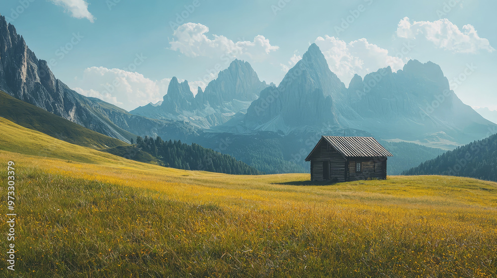 A serene mountain pasture with small wooden cabin surrounded by majestic peaks A serene mountain pasture with small wooden cabin surrounded by majestic peaks