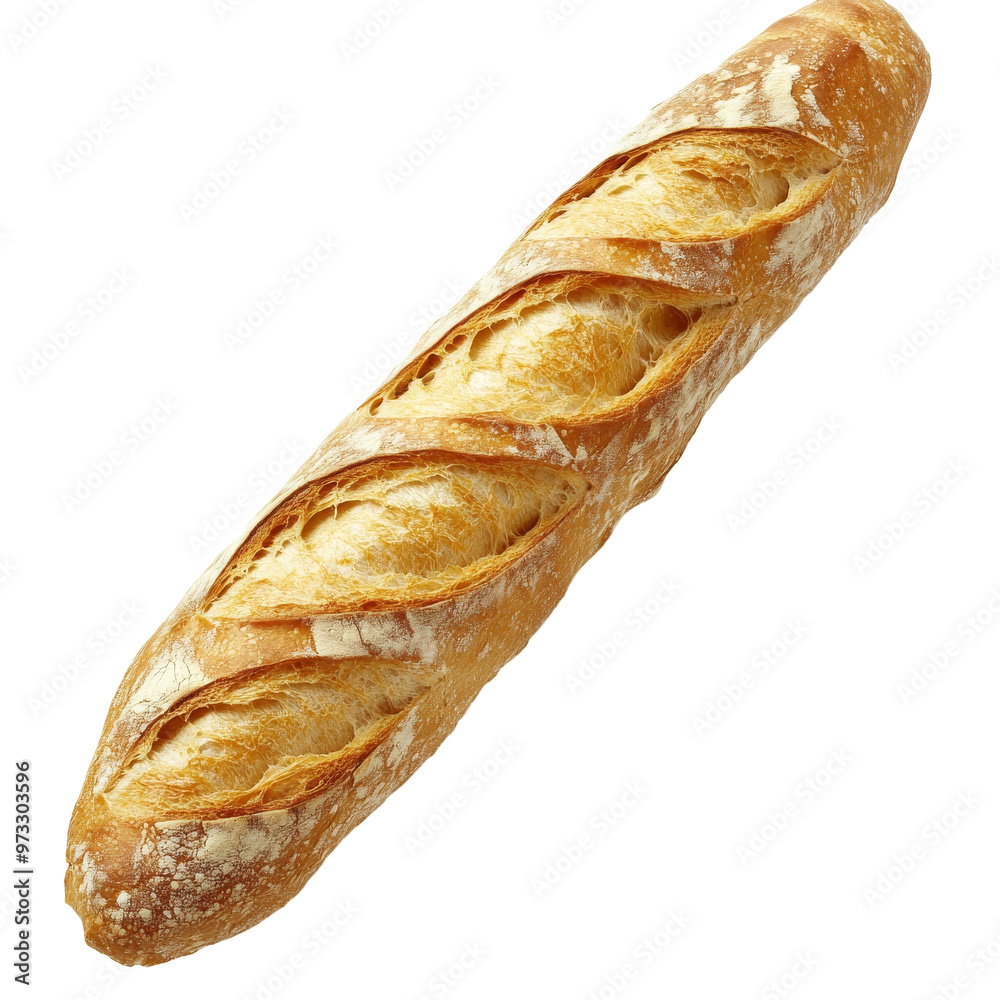 Freshly baked baguette with a crispy crust isolated transparent