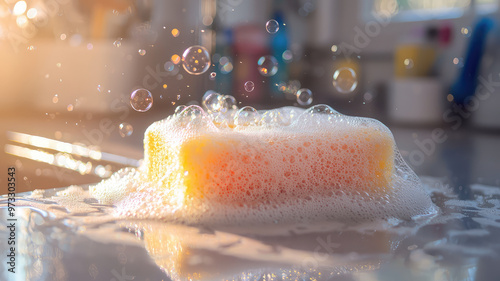 A soapy sponge cleaning kitchen counter with soap bubbles