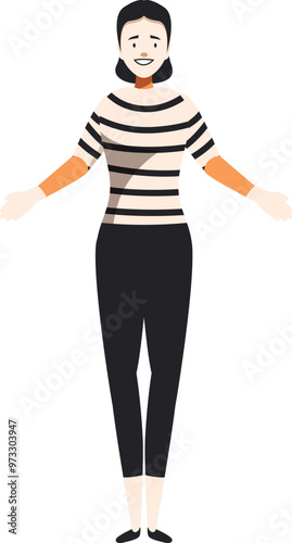 Full length illustration of a young mime artist woman standing with open arms smiling