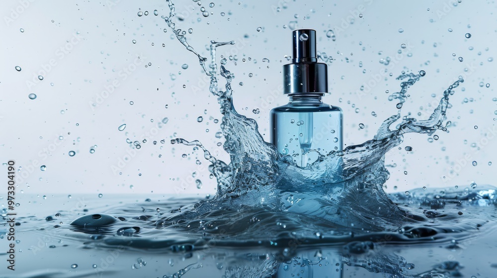 Splashing water around serum bottle on white background, Close-up photo with clean background Splashing water around serum bottle on white background, Close-up photo with clean background