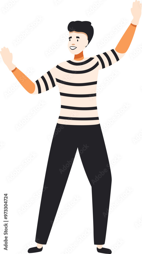 Mime artist wearing black and white striped shirt and black pants performing a pantomime act Mime artist wearing black and white striped shirt and black pants performing a pantomime act