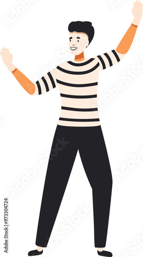 Mime artist wearing black and white striped shirt and black pants performing a pantomime act
