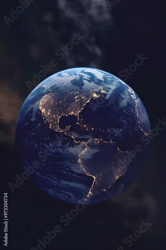 A globe of planet Earth taken from space. The planet is partially illuminated, with the dark side facing away from the lightsource. 