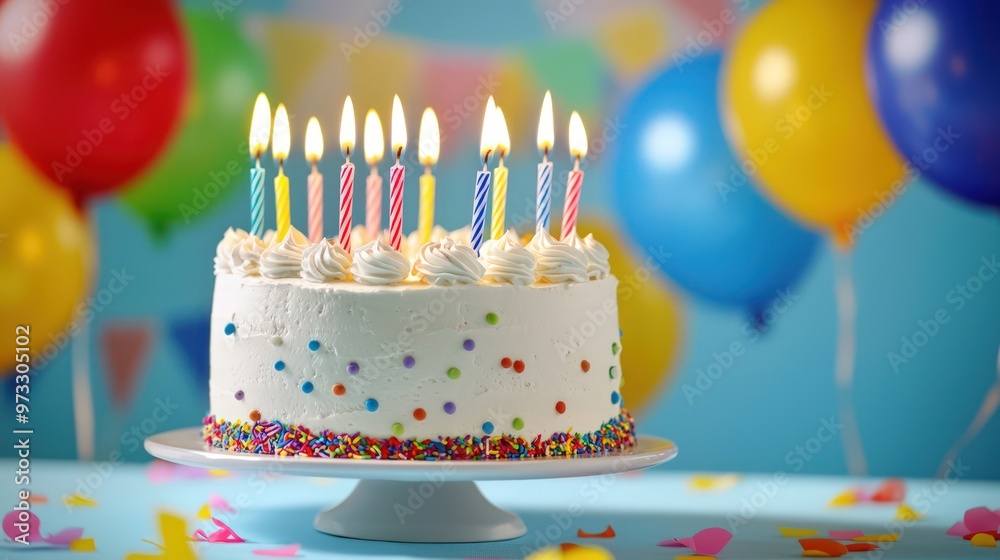 A birthday cake adorned with lit candles, confetti, and balloons, symbolizing a vibrant celebration. A birthday cake adorned with lit candles, confetti, and balloons, symbolizing a vibrant celebration.