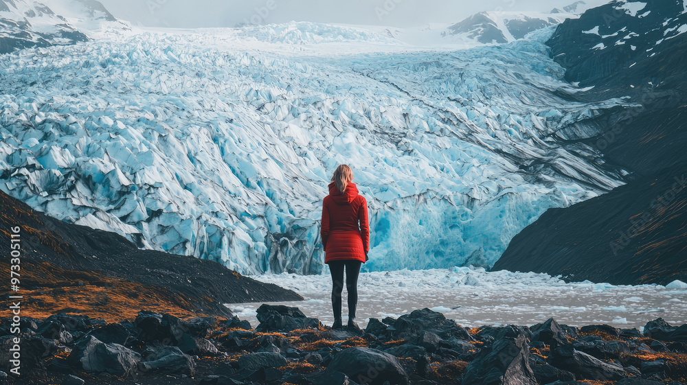 Obraz premium A woman standing in wonder in front of massive glacier, captivated by natures beauty