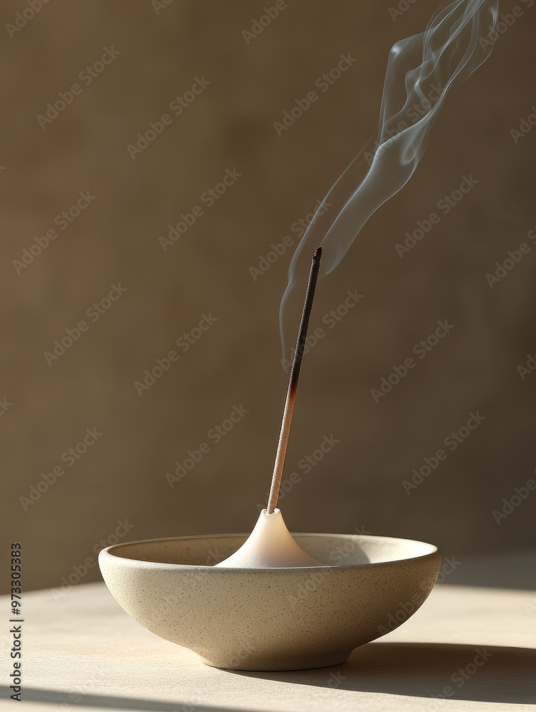 Incense stick burning in a ceramic bowl with rising smoke Incense stick burning in a ceramic bowl with rising smoke