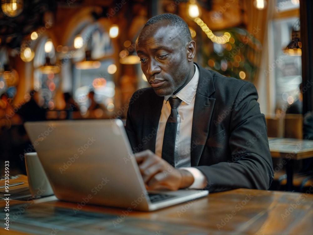 Businessman working on a laptop in a cozy cafe with warm lighting and blurred background Businessman working on a laptop in a cozy cafe with warm lighting and blurred background