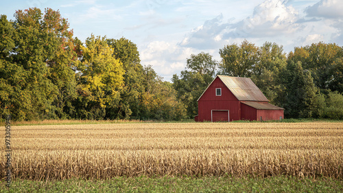 A serene farm with red barn surrounded by trees and golden crops