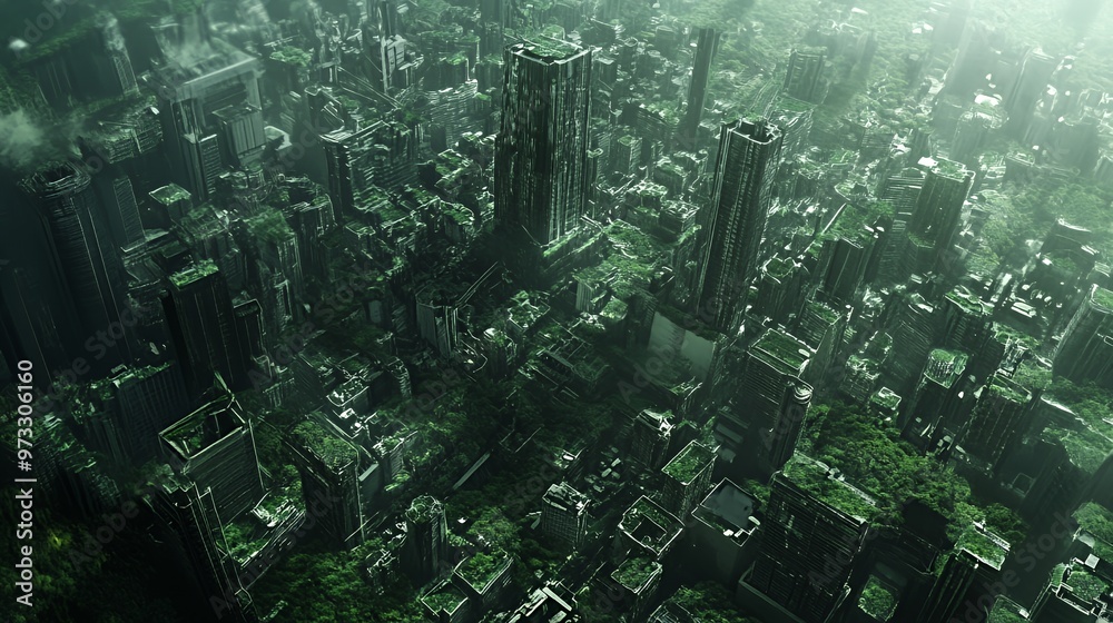 Fototapeta premium Overgrown skyscrapers and ruined city streets reclaimed by nature in a post-apocalyptic urban landscape under a hazy green sky.