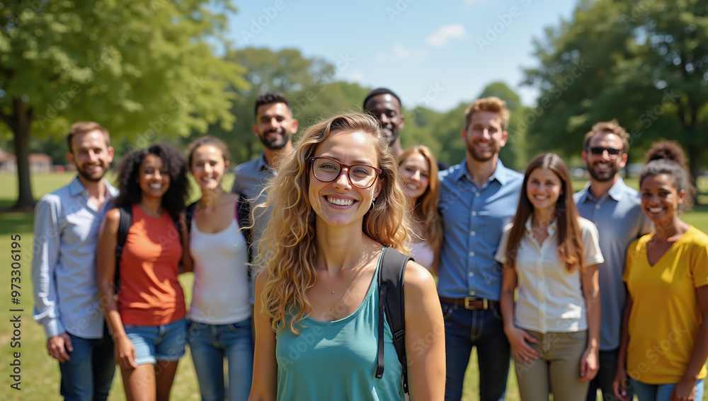 Happy diverse group of people smiling and posing in a park Happy diverse group of people smiling and posing in a park