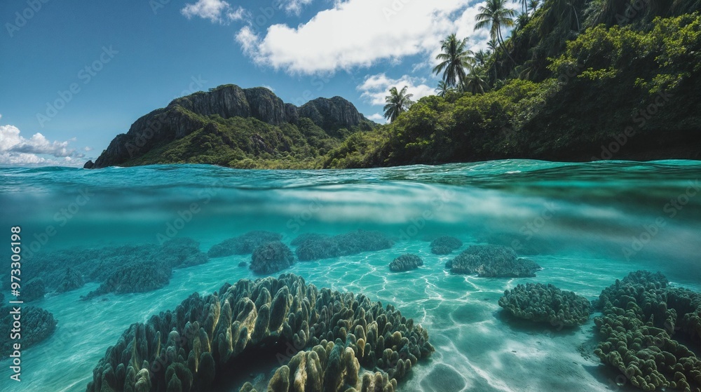 Fototapeta premium Tropical Island and Coral Reefs Split View