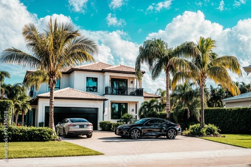 Luxurious modern house with palm trees and cars
