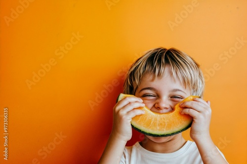 Boy with a cantaloupe slice